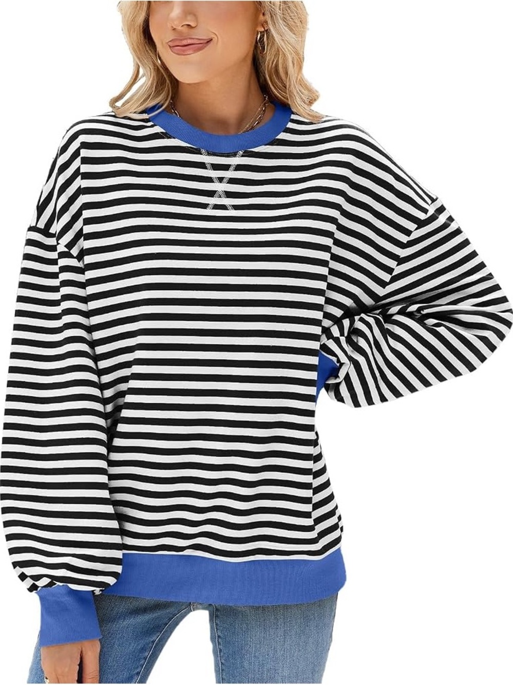 Oversized Crewneck Sweatshirt, black/white stripe with royal blue trim, XL NWOT
